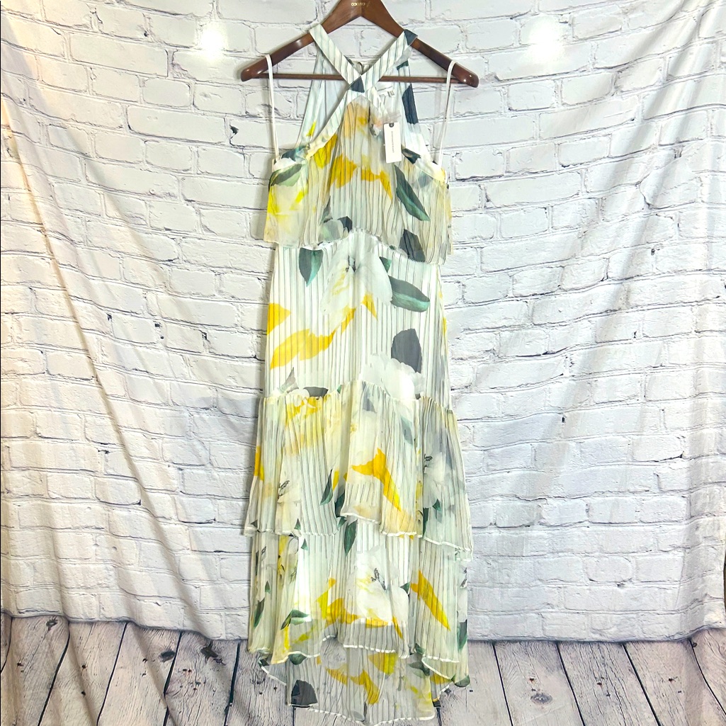 By Anthropologie Cream Yellow Floral Halter Style Ruffle Tier Maxi Dress Size 4